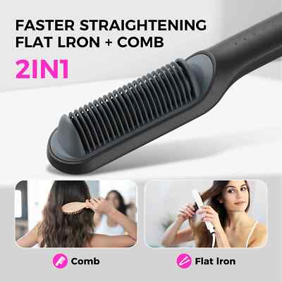 2-in-1 Ionic Hair Straightener Brush & Comb, Anti-Scald, Fast Heating Ceramic.
