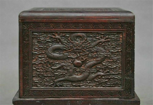 Caja de sellos antiguos de 5 dragones tallados a mano de madera china Huanghuali de 6" - Imagen 2 de 12