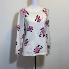 Joules Shirt Womens 10 Ivory Floral Heavy Thick Tee Shirt Crew Pull Over Casual