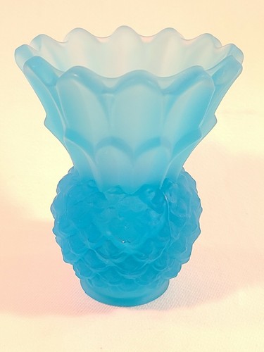 Satin Pineapple Vase Vintage Frosted Blue Glass - 4" - Picture 2 of 5