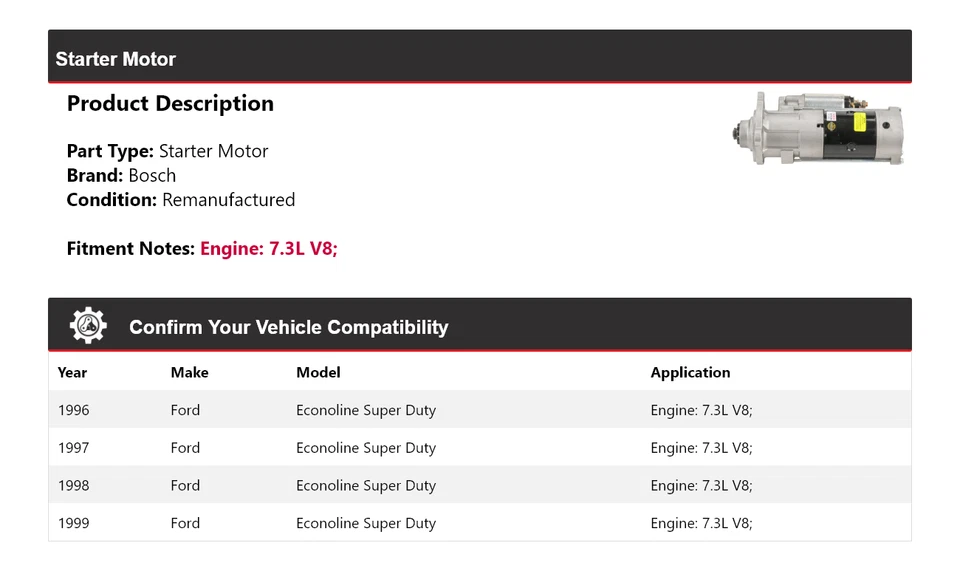 Arranque Bosch V8 7,3 L para Ford Econoline Super Duty 1996-1999 (remanufacturado) Foto 2 de 4