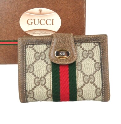 Auth GUCCI Accessory Collection GG Sherry Line Bifold Brown Wallet Italy + Box