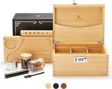 Stash Box with Rolling Tray, Smell Proof Large Bamboo Storage Box with Lock, Dec