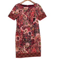 Talbots Paisley Shift Dress Red Pink Black Short Sleeve Knee Length Lined Size 6