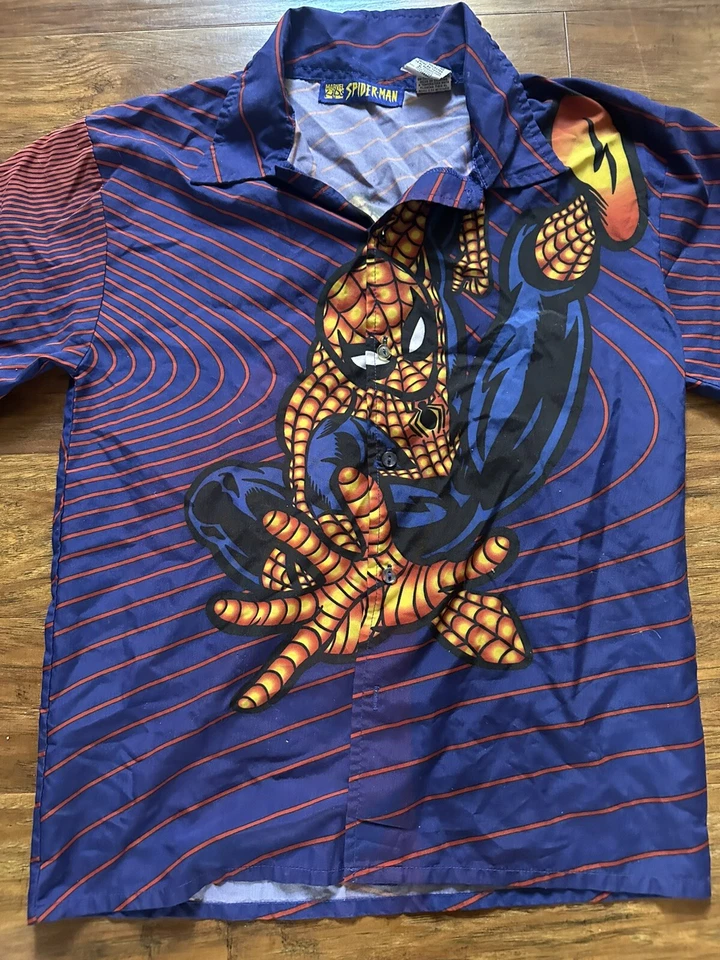 Vintage MARVEL KIDS SPIDER-MAN Button Up Shirt Size  14/16 Flaws Superhero Comic - Image 3 of 4