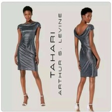 NWT $158 Tahari Size 14 Sexy Draped Back Front Cowl Neck Metallic Cocktail Dress