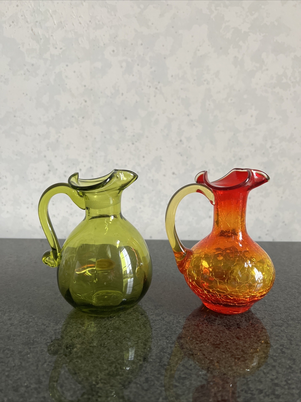 Vintage Rainbow Amberina Crackle Glass & Green Plain Glass Cruets No