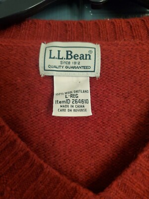 Vtg LL Bean Men's LG 100% Shetland Wool V-Neck Knit Sweater Rust