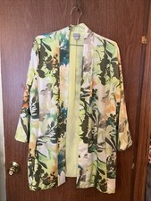 Chico  s Size 2 Large Watercolor Print, Lined Open Front Tunic Cardigan Blazer A1