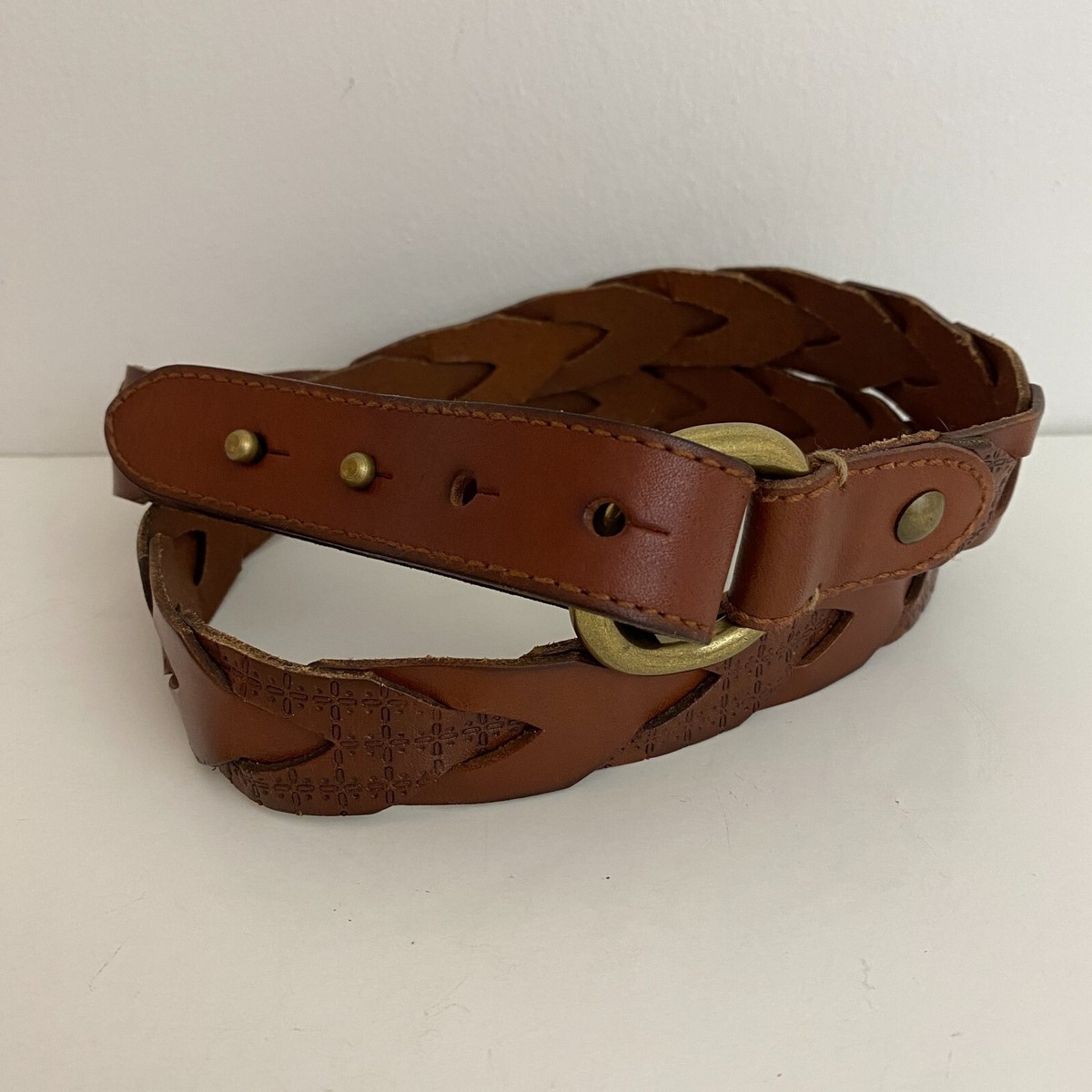 Fossil Womens Woven Leather Brown Belt Brass Buckle Sz Medium Vintage Y2K Fossil Leather Braided Brown Belt - 30-34  main image 2