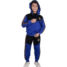 Kids Boys Tracksuit Hooded Royal  Navy Kings Crown Embroidered Jogging Suit