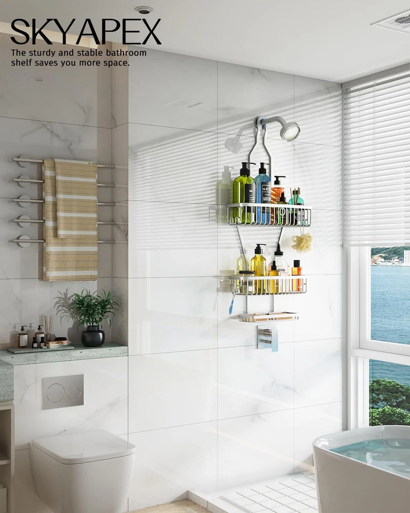 Shower Caddy Hanging Bathroom Organizer over Head Long Rack for Tall Showerhead