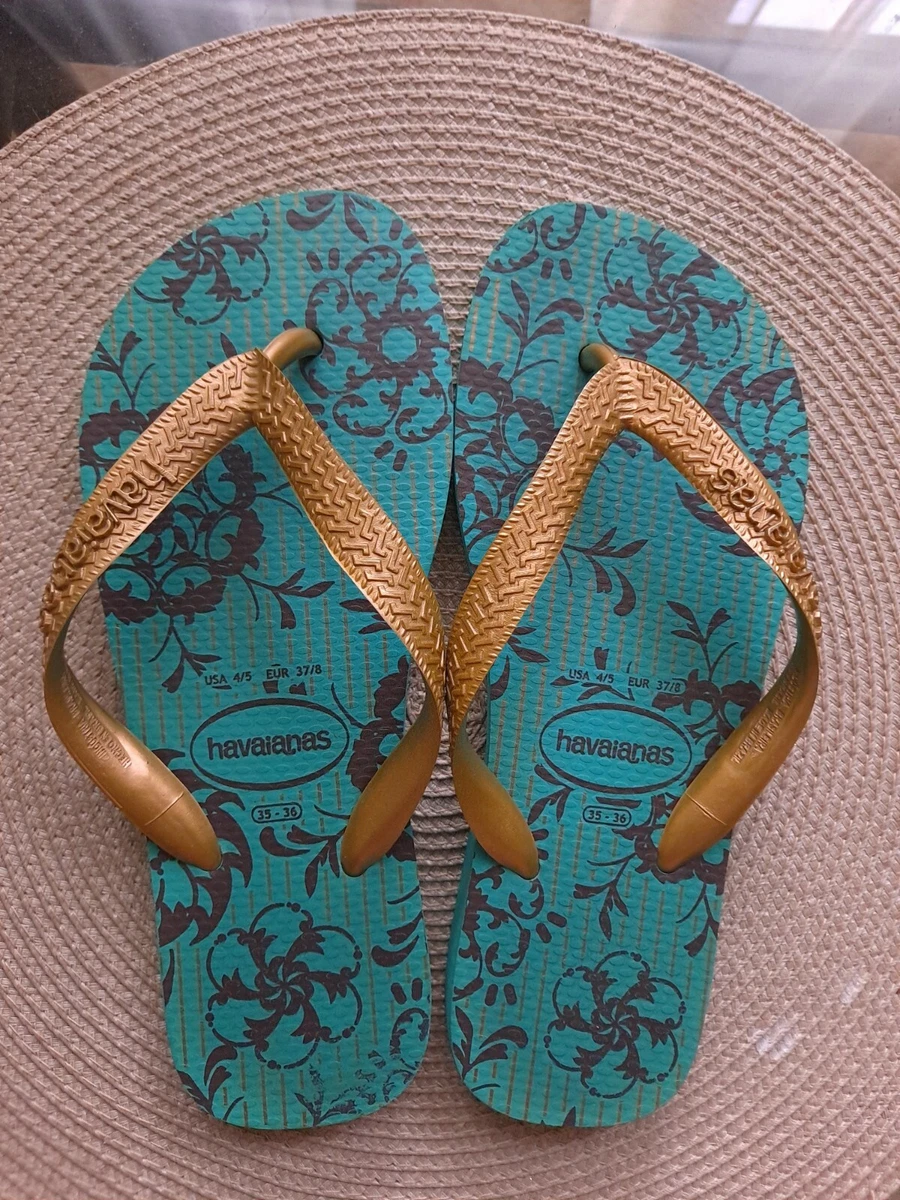 Havaianas Womens Flip Flops Shoes Sandals Gold Green Slim Season Brazil  Size 5