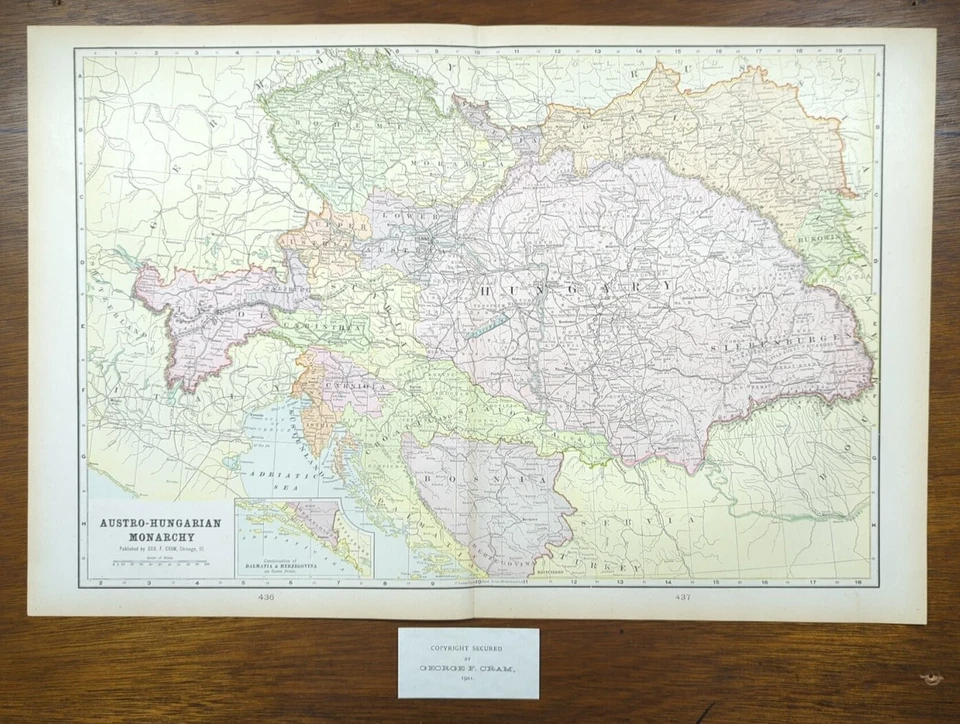 Mapa Vintage 1901 AUSTRIA HUNGRÍA 22"x14" ~ Antiguo Antiguo Original VIENA BUDAPEST Foto 2 de 4