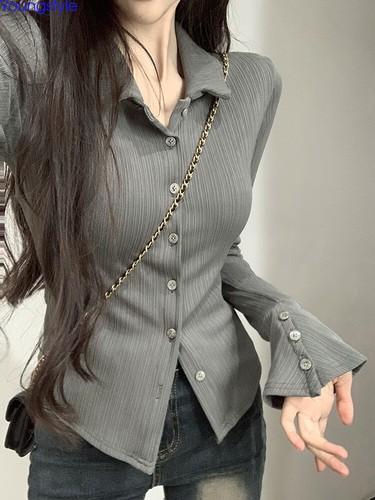 Blusa Top Camisas Coreana Para Mujer Ajustada Manga Campana Otoño Botón Frontal Informal - Imagen 6 de 25