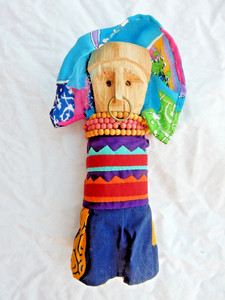 Hand Carved Kuna Yala Wood Doll Panama Mola Attire, Panamanian Art, Dual Face