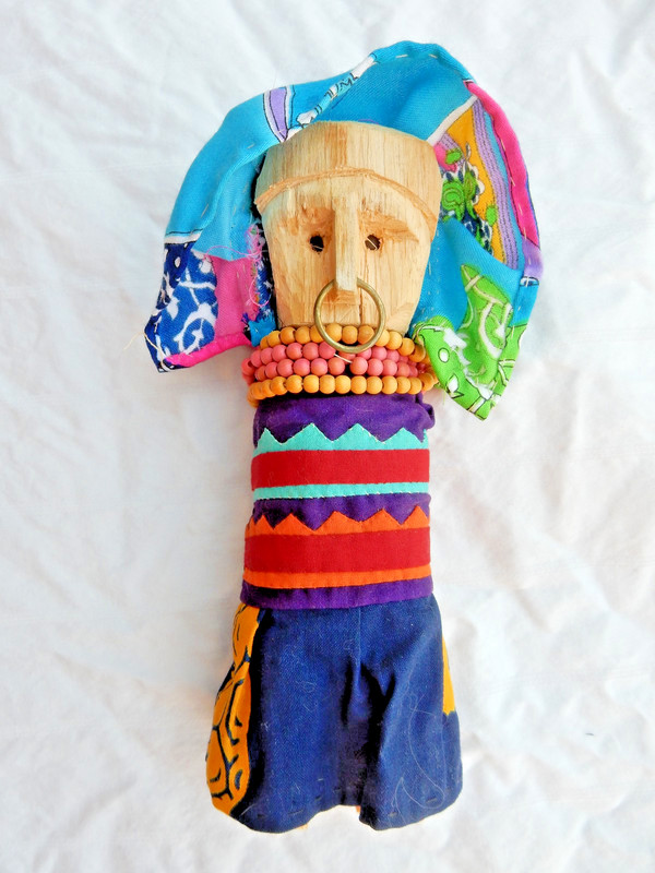 Hand Carved Kuna Yala Wood Doll Panama Mola Attire, Panamanian Art, Dual Face