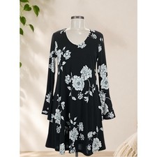 Karen Kane Black Dress with White Floral Print — Long Sleeve Swing