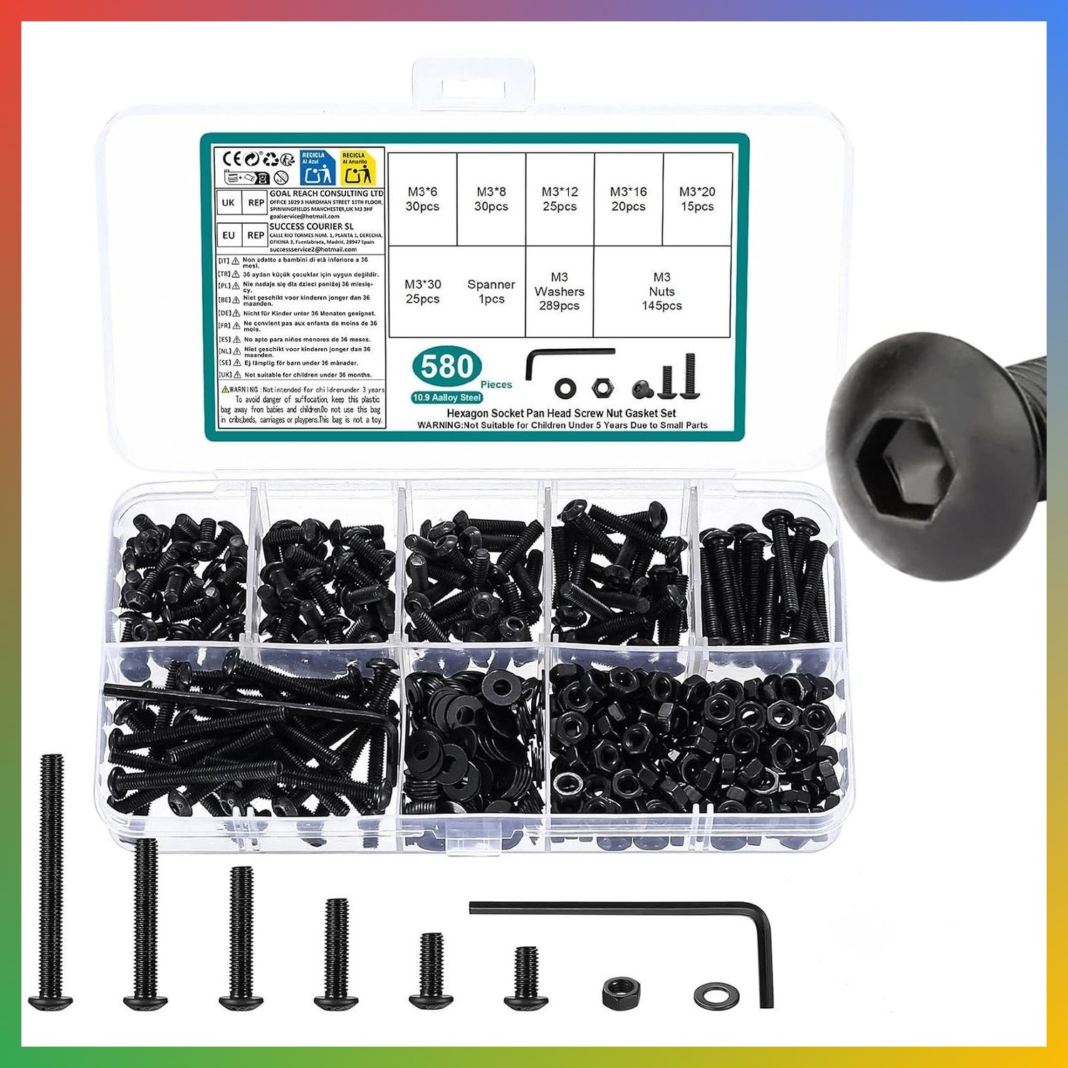 580 M3 Carbon Steel Hex Button Head Screw Bolt Nut Washer Assortment ...