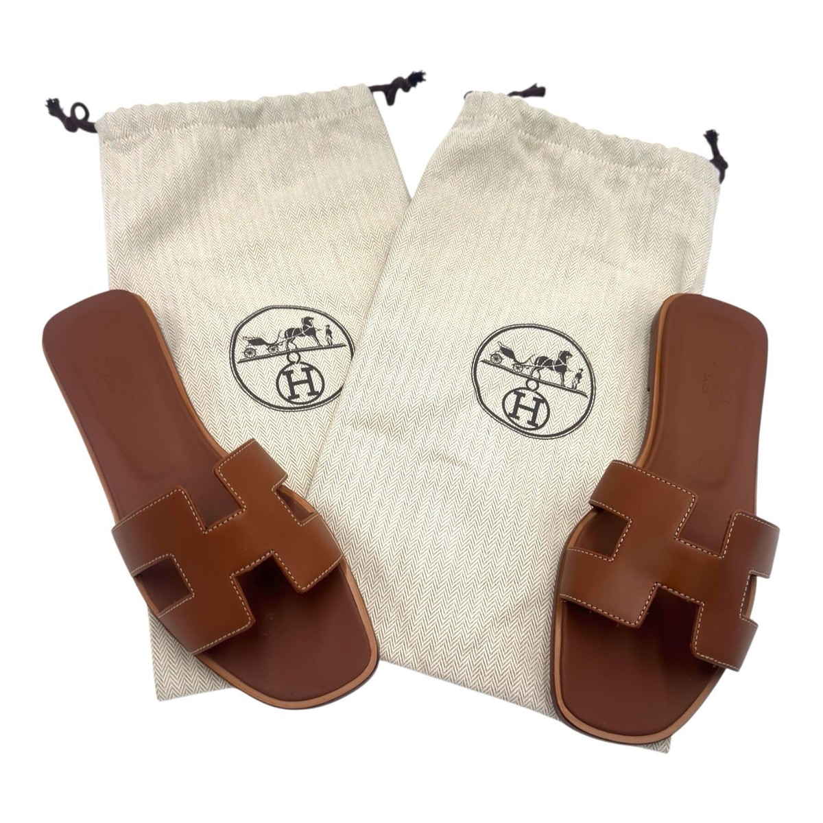 Hermes Oran Sandals Gold Brown Calfskin 38 EU 7.5 US NIB New With