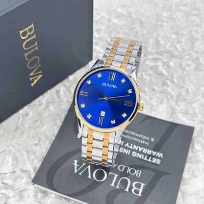 Bulova Men's Classic Diamond Blue Dial Stainless Steel Quartz Watch 98D130