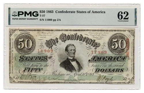 CONFEDERATE STATES OF AMERICA banknote $50 1863 T-57 PMG MS 62 Uncirculated