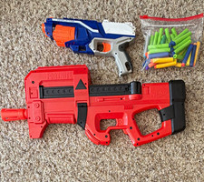 NERF Fortnite Dart Blaster Lot w/ Soft Foam Darts, Red Blue/White Blasters