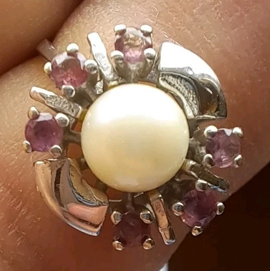 Damenring massiv Gold-Perle + 6 Edelsteine Saphire 0,36 Ct - Bild 2 von 4