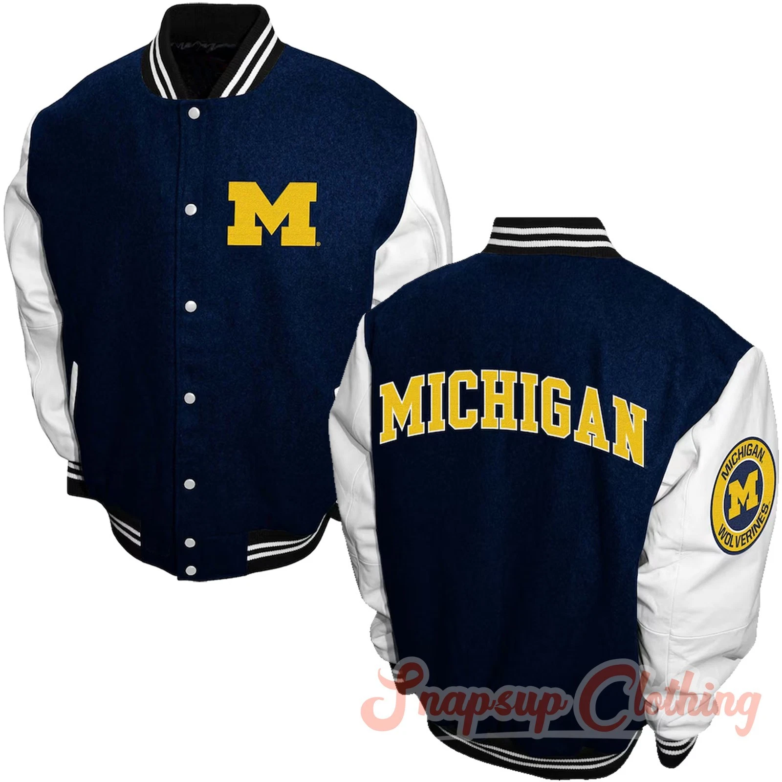 Michigan Wolverines Blue White Wool Leather Graduate Full-Snap Varsity Jacket