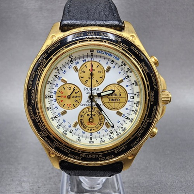 #ad Pulsar World Time Watch Men 43mm White Dial Gold Tone Alarm Chrono N94J 6A10 $131.24
