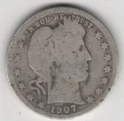 1907 P BARBER QUARTER DOLLAR 90% SILVER PHILADELPHIA 25¢ UNITED STATES AMERICA