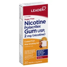 Leader Nicotine Gum Stop Smoking Aid 2 mg Fruit Flavor Sugar Free 20 Count