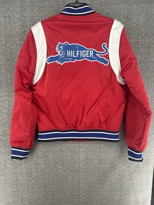 Tommy Hilfiger Panther Varsity Bomber Jacket S/P Red Snap Front Coat Varsity