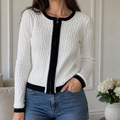 ST JOHN White Knit Zip Up Cardigan Black Trim Elegant ''Chanel vibes'' Small w1