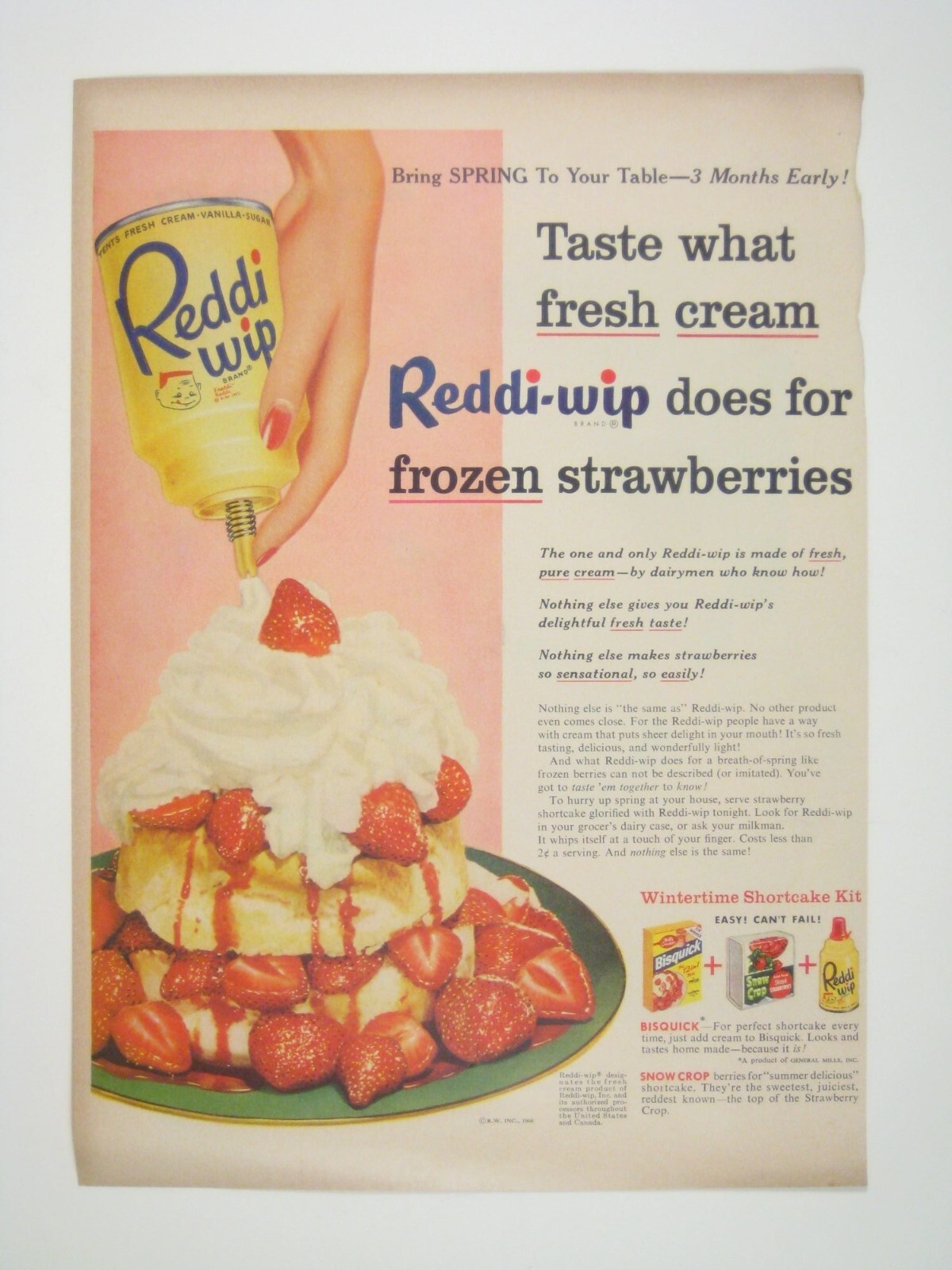 Vintage 1956 Reddi-Wip Print Ad Fresh Cream Strawberries Kitchen Decor Retro