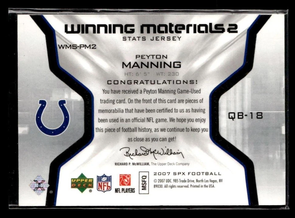 2007 SPx #WMS-PM2 Peyton Manning Winning Materials Stats Jersey - Image 2 of 2