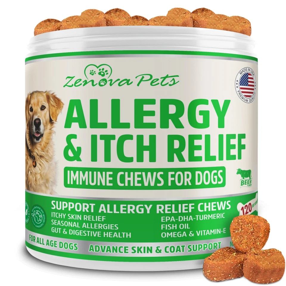 ZENOVA PETS Dog Itchy Skin Relief Allergy Immune Support Dog Treats Chews 120 Beef Flavor