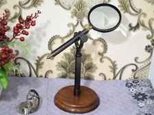 High-Quality Magnifying Glass for Tabletop - Sleek Brass Stand & Warm Wood Base