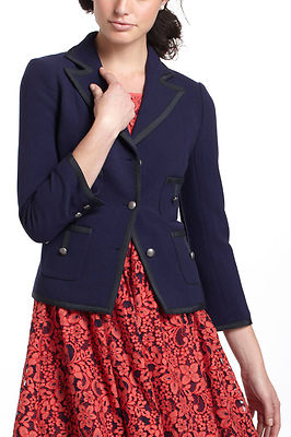 Cartonnier Anthropologie Window Pane Navy Green Trim Preppy Blazer Jacket 2