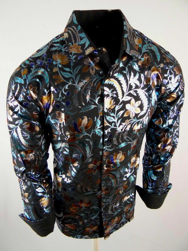 Mens Shirt Black Shiny Blue Metallic 