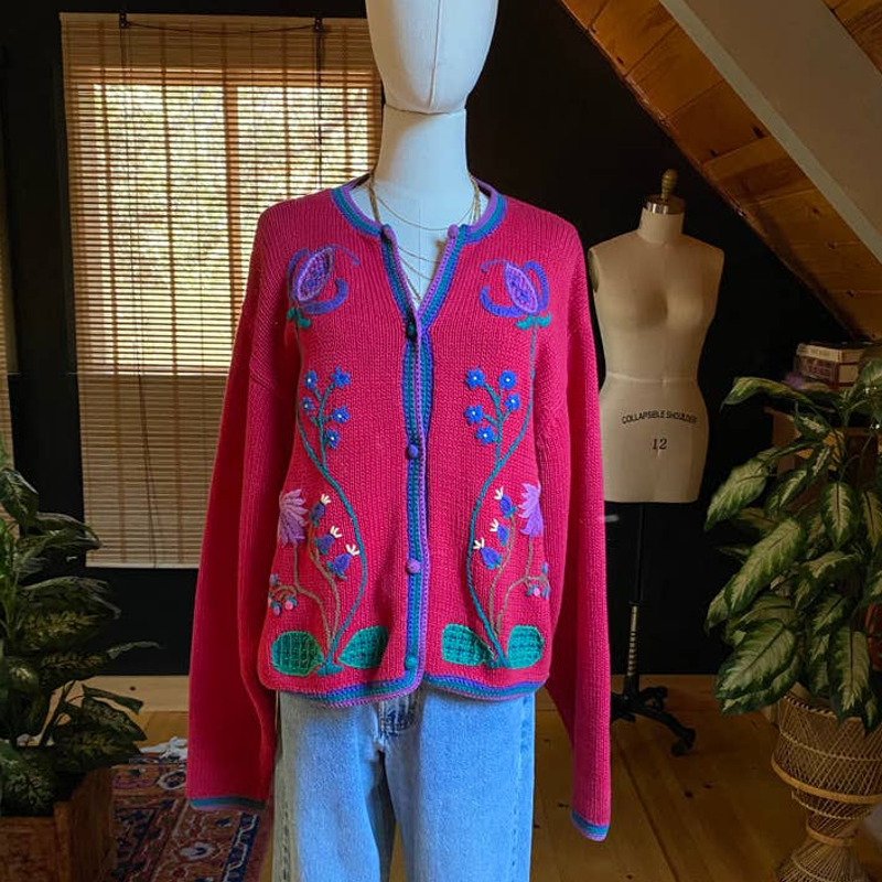 Embroidered Cardigan Sweater Floral Cotton Red - image 1