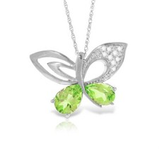 14K. SOLID GOLD BUTTERFLY NECKLACE WITH NATURAL DIAMONDS & PERIDOTS (White Gold)