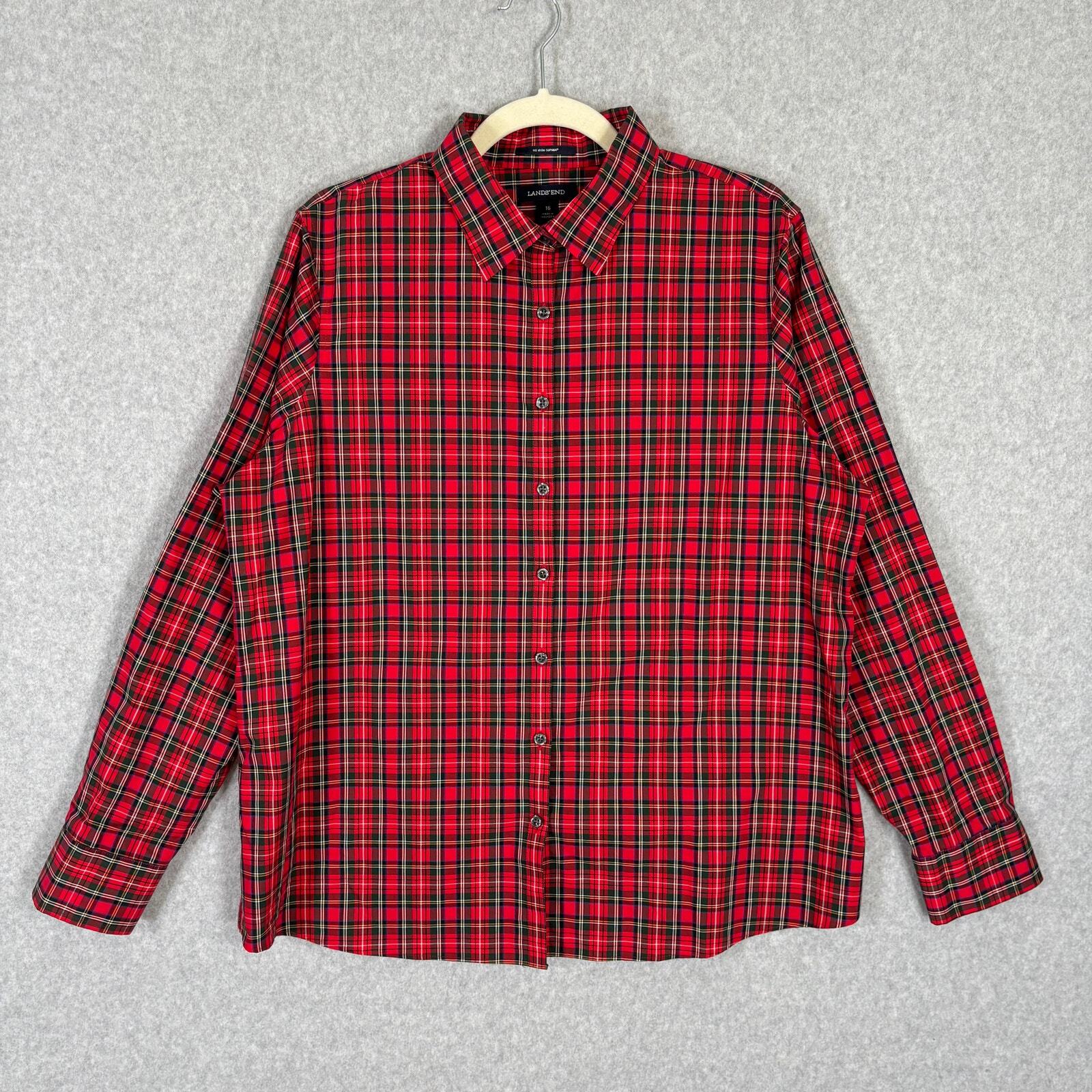 Women's No-Iron Supima Cotton Red Tartan Plaid Button-Down Shirt Size 16 by Lands End