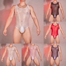 Breathable Sheer Mesh Men's Bodysuit Oil Glossy See Through Stretchy Sleeveless
