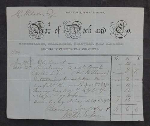 1839, Billhead, Bury St. Edmunds (Deck & Company, Booksellers, Printers, Binde )