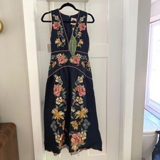 NWT Farm Rio Maira Floral Linen Plunge Midi Dress Navy Pink XS Drop Waist Boho