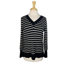 HALOGEN 100% Cashmere Black Ivory Stripe V-neck Pullover Sweater Size Small Wome