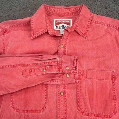 Marlboro Adventure Team Shirt Mens Medium Red Long Sleeve Button Down Cotton 90s
