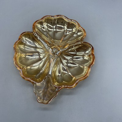 VTG Jeanette Marigold Carnival Glass 3 Leaf Clover Shaped Candy Nut Dish