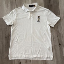Men  s Polo Ralph Lauren Bear Custom Slim Fit Shirt Short Sleeve White Pique Med